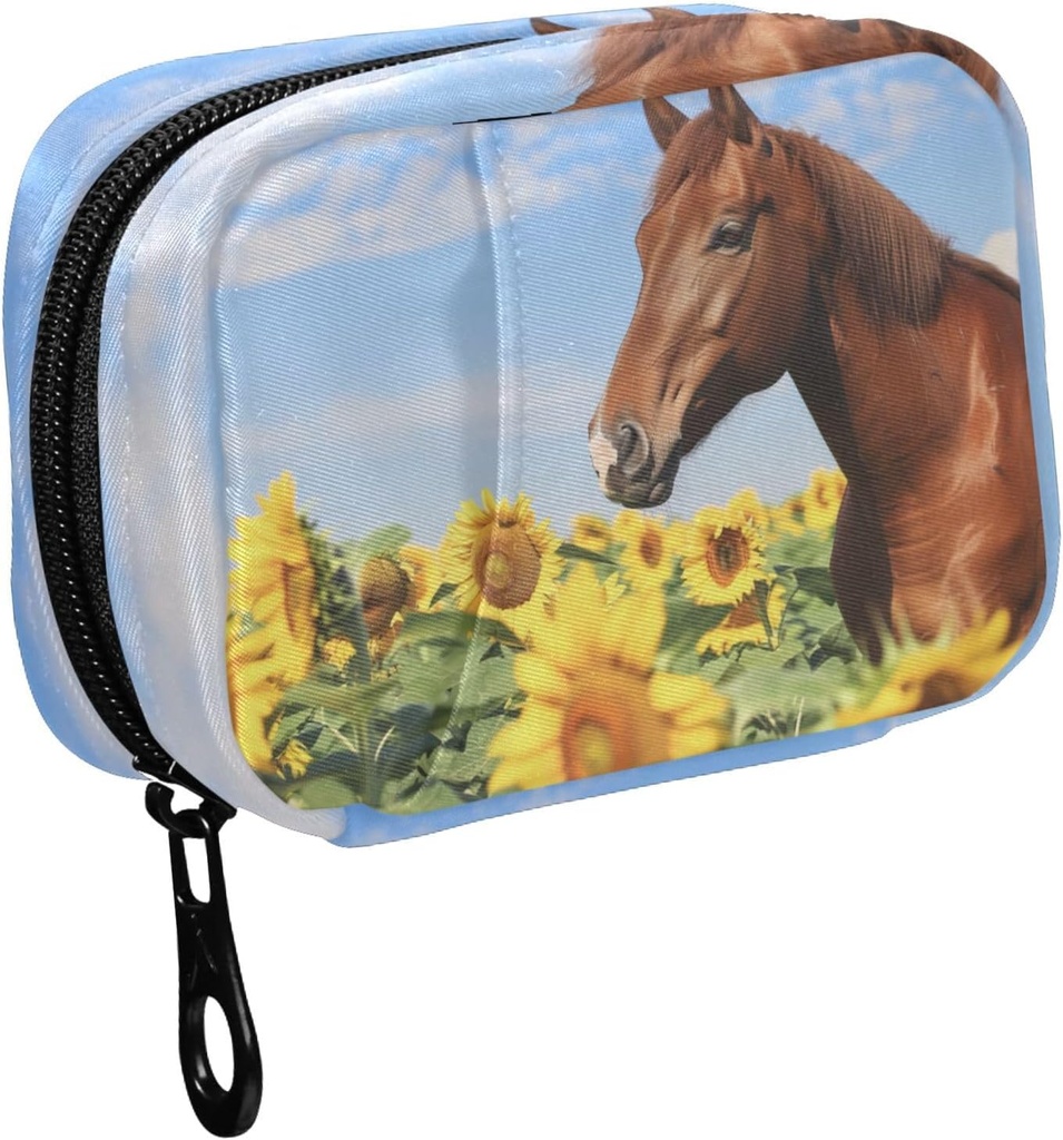 Fustylead Brown Horse in Sunflower Field and Blue Sky Pill Organizer Case with Zipper 2 Times A Day for Vitamin and Supplement, 7 Day 旅行组织者医药案 青天丸组织者案 齐珀2时代 维他命日与补充品 7日旅行组织者医药案