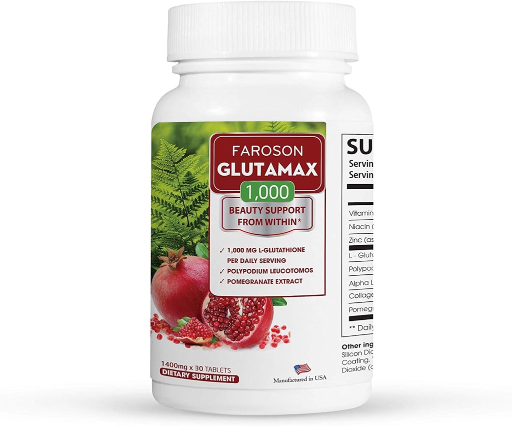 Glutamax = 白化,来自Glutathione 1000mg, Fern & Pomegranate 提取 = 抗氧化剂支持,皮肤弹性, 减少女性皮肤老化 = 30 片在美国制作