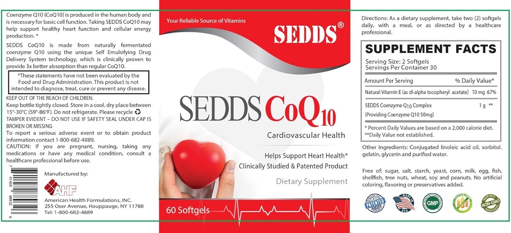 SEDDS COQ10 Ubiquinol心血管健康补编,心脏健康和能量每日维生素(60个计数),高吸附液液体-高血压溶胶和胆固醇