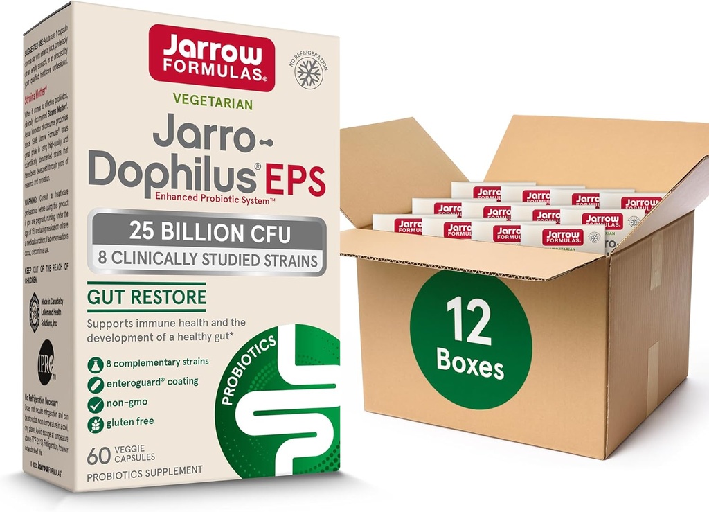 Jarrow Formules Jarro-Dophilus EPS PROBION TFU 25亿CFU 支持肠道切除术,Gut健康 Probiologics Assuppose for Women and Men, 60 Veggie Capsules,最多60天的供应量,12包