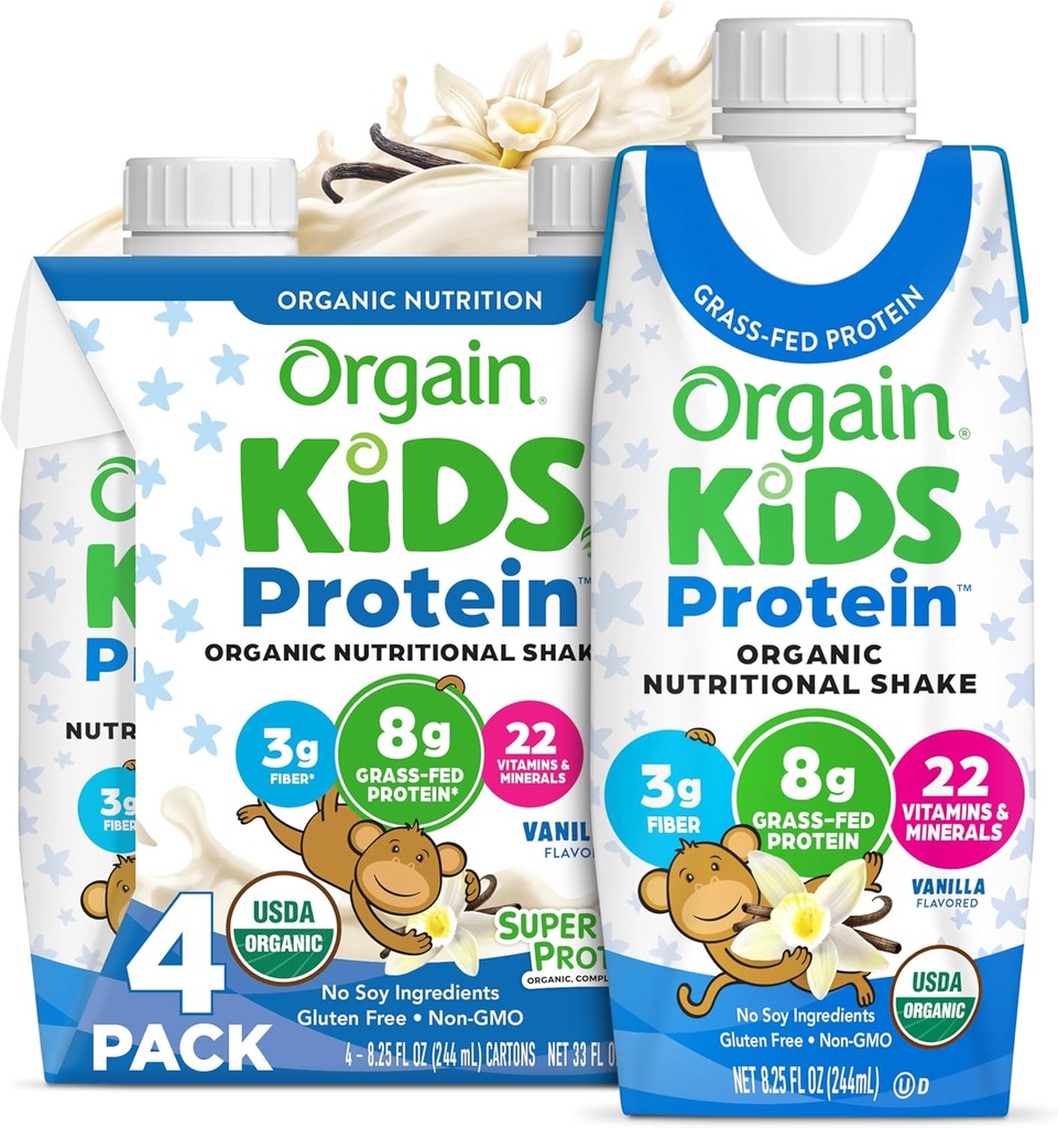 Orgain 有机儿童蛋白质营养摇摇,香草 - 8g of 蛋白质,22 Vitamins & Minerals, 水果和蔬菜, Gluten Free, Soy Free, Non-GMO, 8.25 Fl Oz (Pack of 4)