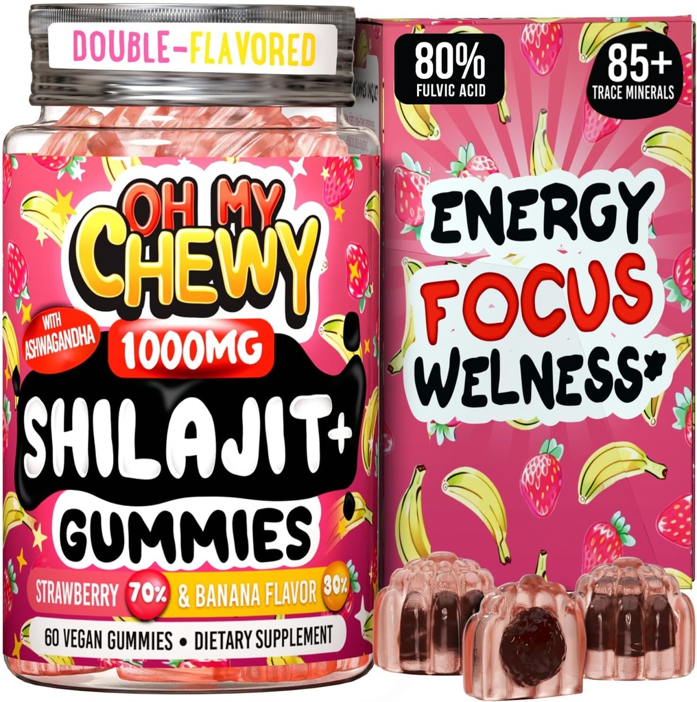 纯喜马拉雅Shilajit Gummys -- -- 高潜力金品级Resin -- -- 与Ashwagandha和Shatavari一起为男子和妇女提供能源促进和免疫支持 -- -- 60古米 -- -- 草莓和香蕉