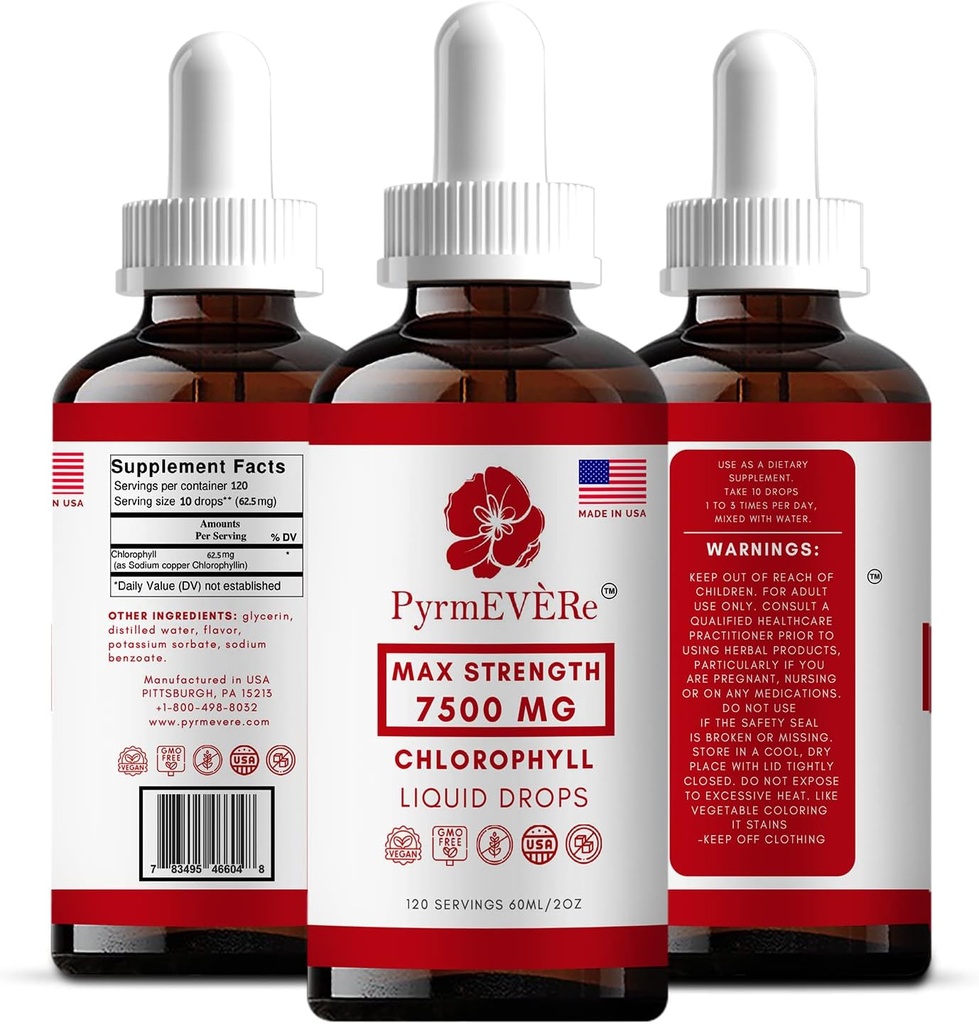 PyrmEVERE 氯脂液滴 - 在美国的Made,Mint Flavor,液态氯脂  能源促进器,免疫支持,天然除臭剂,海拔疾病救济 → 非转基因生物和维冈 - 120个服务对象