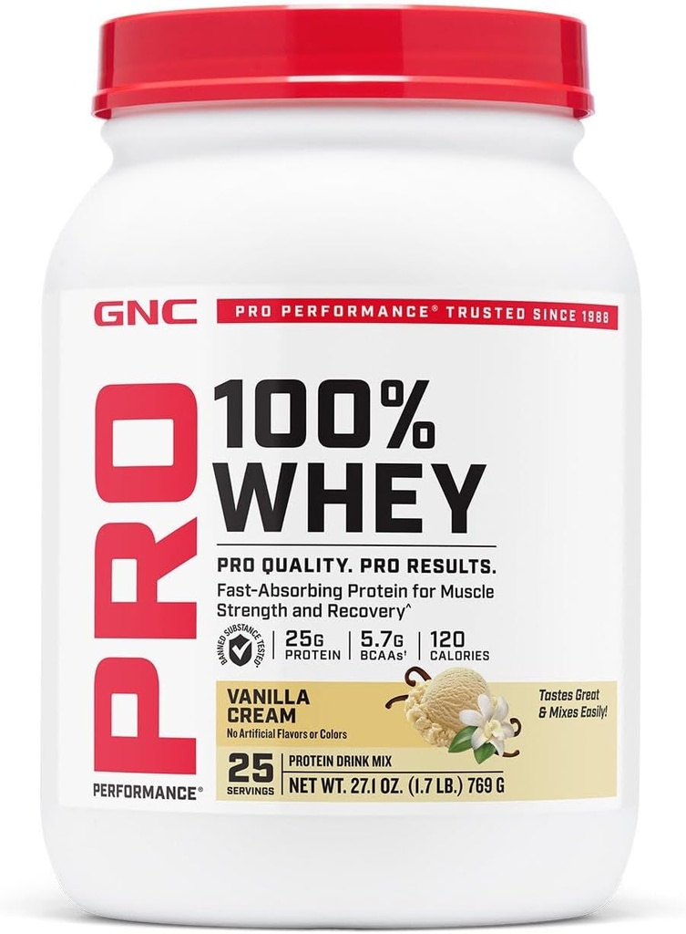 GNC Pro 性能 100% Whey蛋白粉2.0,快速吸附肌肉强度和复苏,香草,25种服务