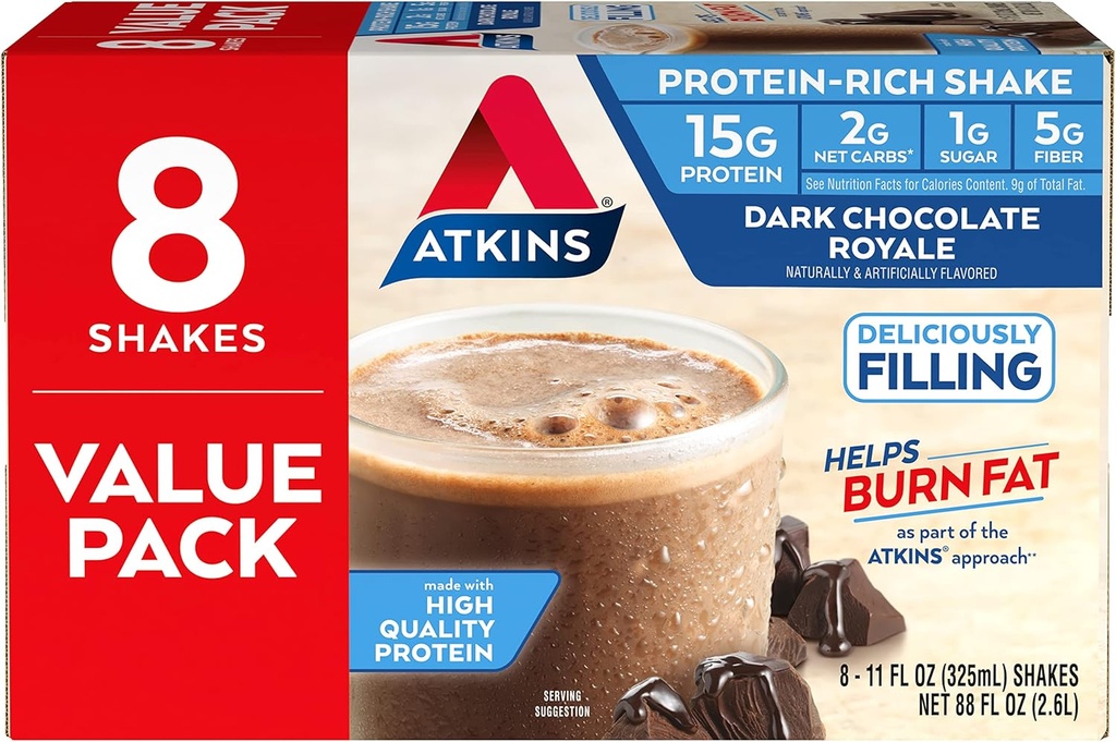 Atkins Gluten Free Protein-Rich Shake, 黑暗巧克力王室, Keto-Friendly, 8 Counter (Pack of 1) (Pack of 1) (英语).