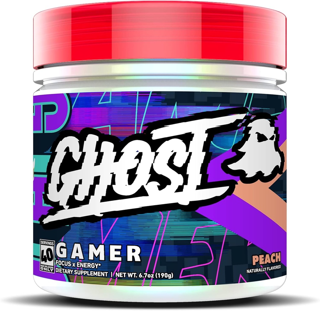 GHOST Gamer: 能量和焦点支持公式 - 40 services, Peach - Nootrophics and Natural Cafeine for attention, 准确性和反应时间 - Vegan, Gluten - Free