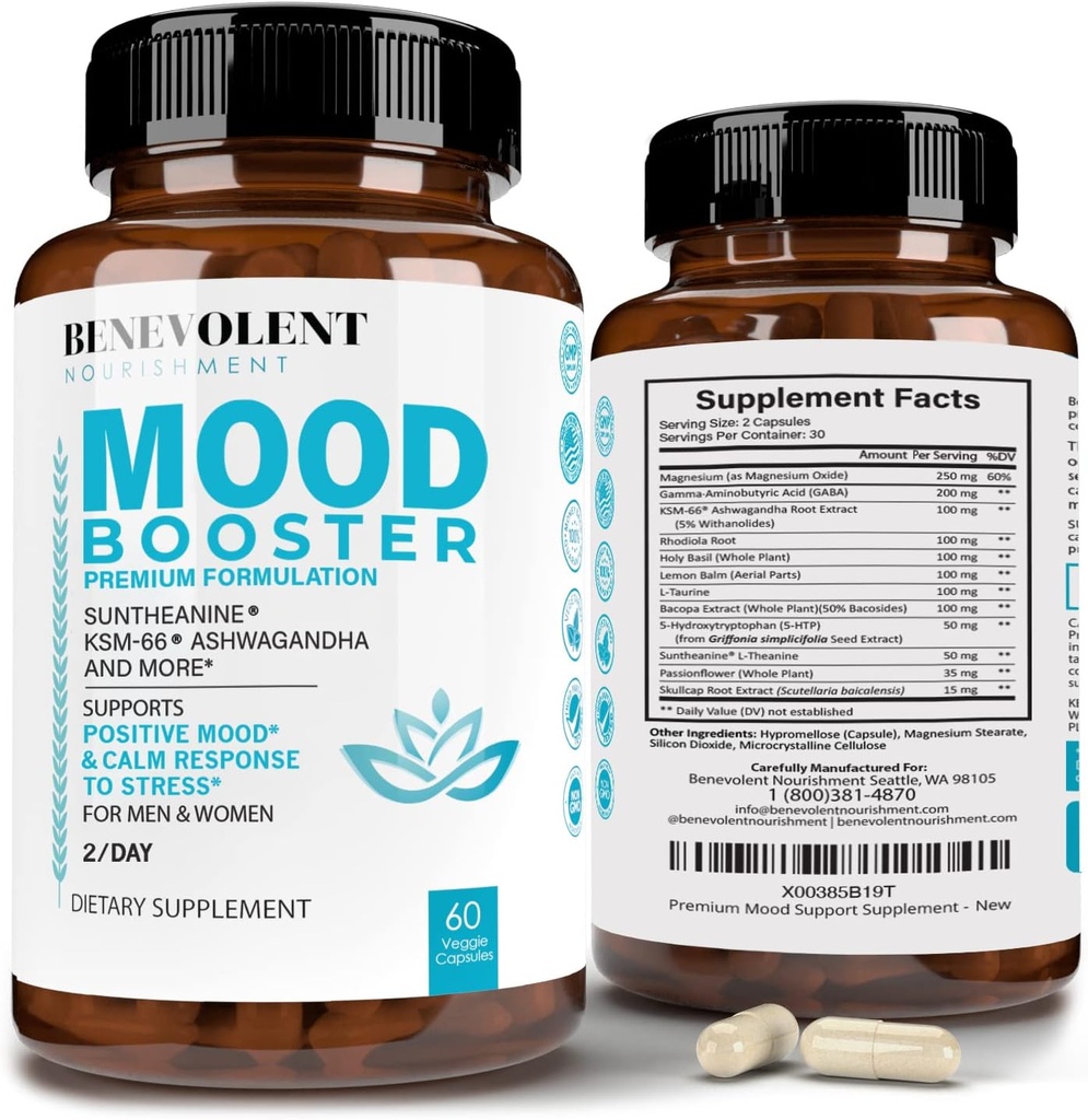 Calm Mood 助推剂补充剂 - 天然快乐药丸用于压力,睡眠和Mood 支持 - 专利 KSM-66® Ashwagandha & Suntheanine® L-Theanine, Rhodiola Rosea, 镁 - 60 Counter