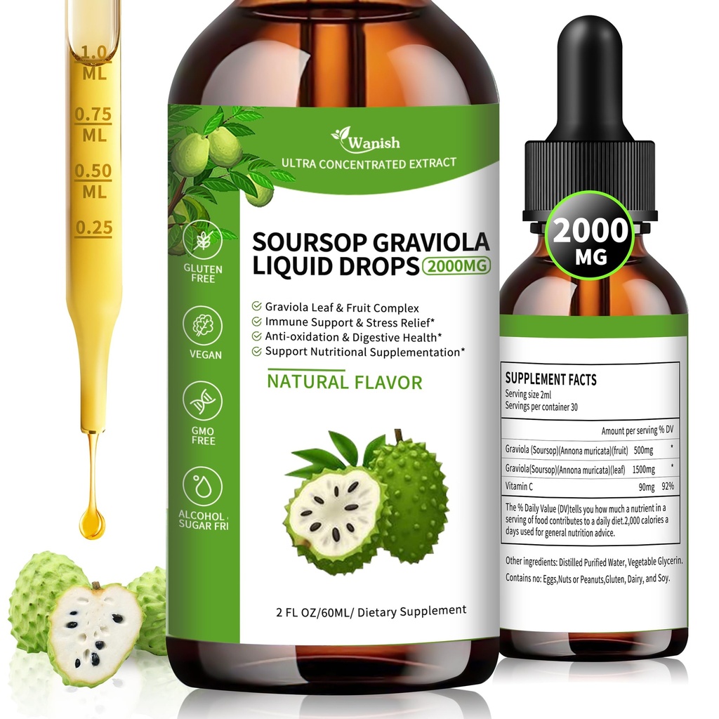 Wanish Organization Soursop Graviola Liquid Drop, Sour SOP Bitters Liquid for Cell Support & Regeneration, Imune Boost, Liver and Sleep, Shebal Goodness, 糖/糖自由,天然火焰, 2 Fl Oz