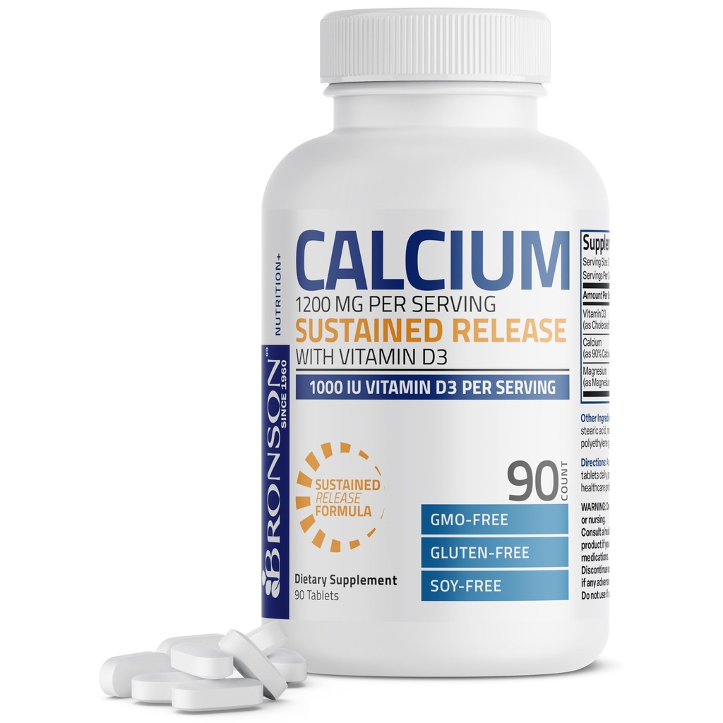 Bronson Calcium 1200 MG 人服维生素D3持续释放 1000 IU 维生素D3 人服非GMO,90片