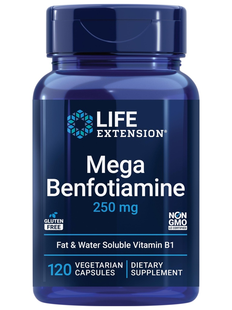 生命延伸 Mega Benfotiamine, 250 mg, 一种脂肪-溶性形式的th胺, 健康代谢, 超生物可用维生素B1, 高概率, 无葡萄糖, 非GMO, 蔬菜, 120 Capsules