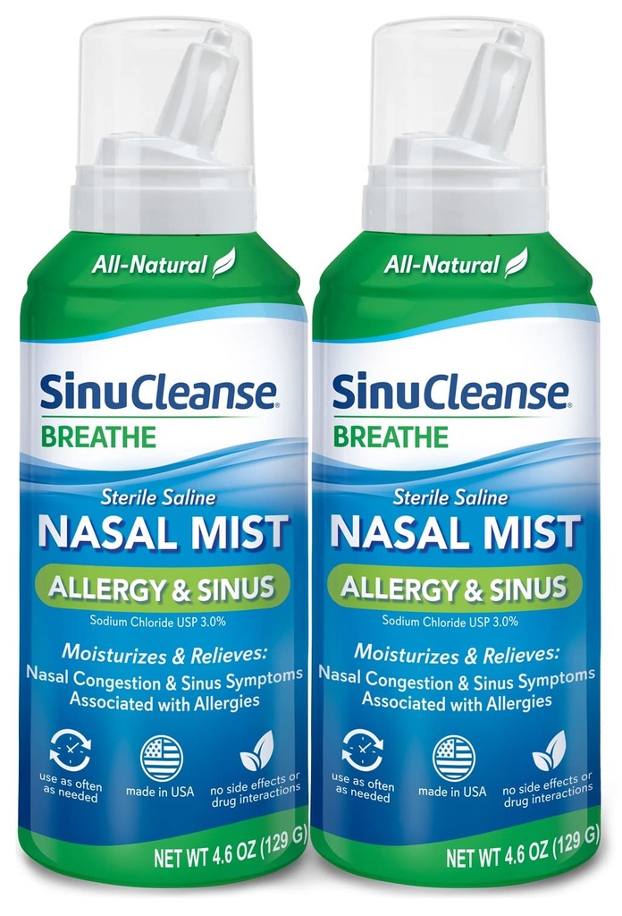 SinuCleanse Alergy & Sinus Sterile Saline Nasal Spray, Ultra Fine Mist, 即时摩斯和Lieves 严重鼻塞因过敏, 4.6 Oz (2 Pack), 在美国制造