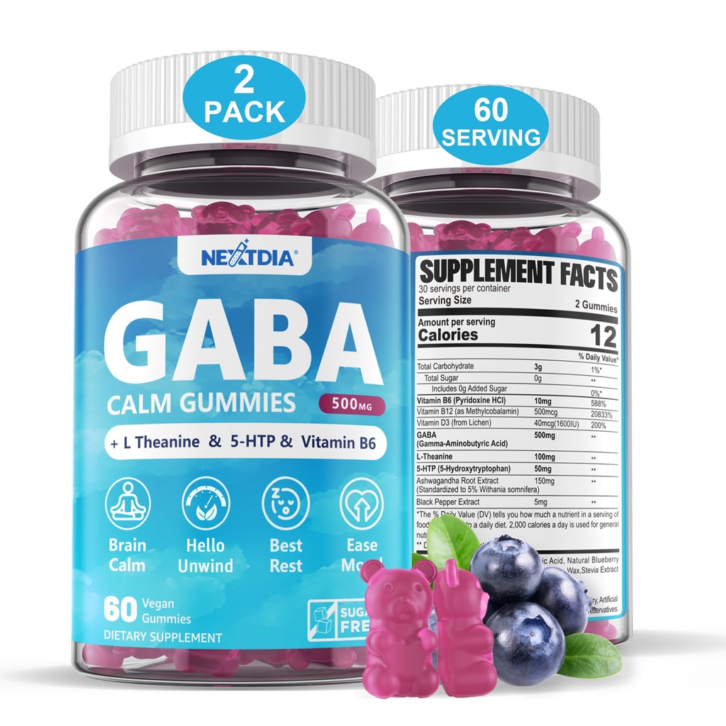 GABA Gummys 500 mg - 与L Theanine, 5-HTP,维生素D3, B12, Ashwagandha, Melatonin- Free for Brain Calm, Mood, Zzz Better, GABA 成人增刊,蓝莓火焰, Vegan