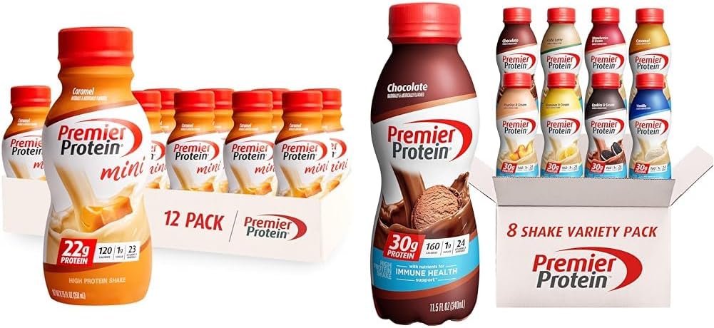 Premely Protein Shake MINIs Caramel 22g Protein 120 Calorie Pack of 12 & Protein Shake 8 Flavor Variety Pack 30g 蛋白质 24 维生素和矿物