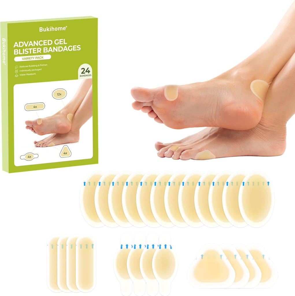 Gel Blister Hydricolloid Bandage Pads - Bukihome 24 脚、脚趾、脚跟的Blister Cushions – 耐水的Bandages, Blister Pads for预防和恢复(Variety Pack)