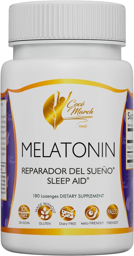 Cocó March N.M.D Chewable Melatonin 3 mg - 快速释放 - 自然睡眠援助 - Gluten Free, Paleo Friendly, 乳品自由, Keto Friendly, Soy Free, 180 Lozenges