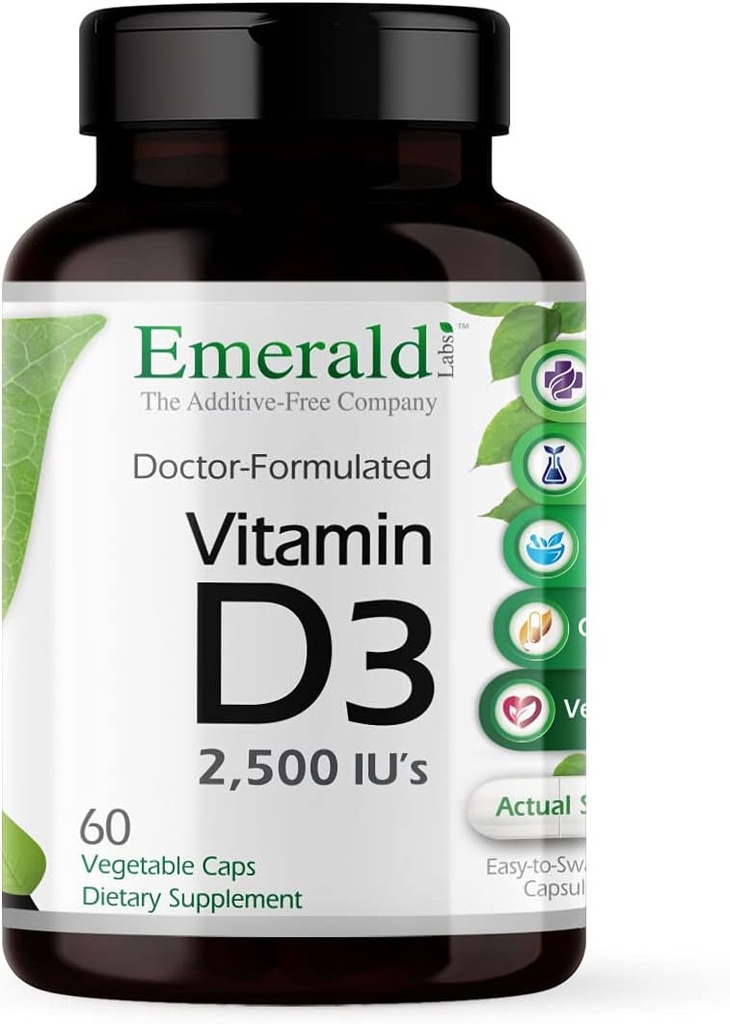 EMERALD LABS 维生素 D3 2500 IU – 支持骨、齿、肌肉、心和免疫健康 - Premium 饮食补充 - 60 蔬菜罐头(60天供应)