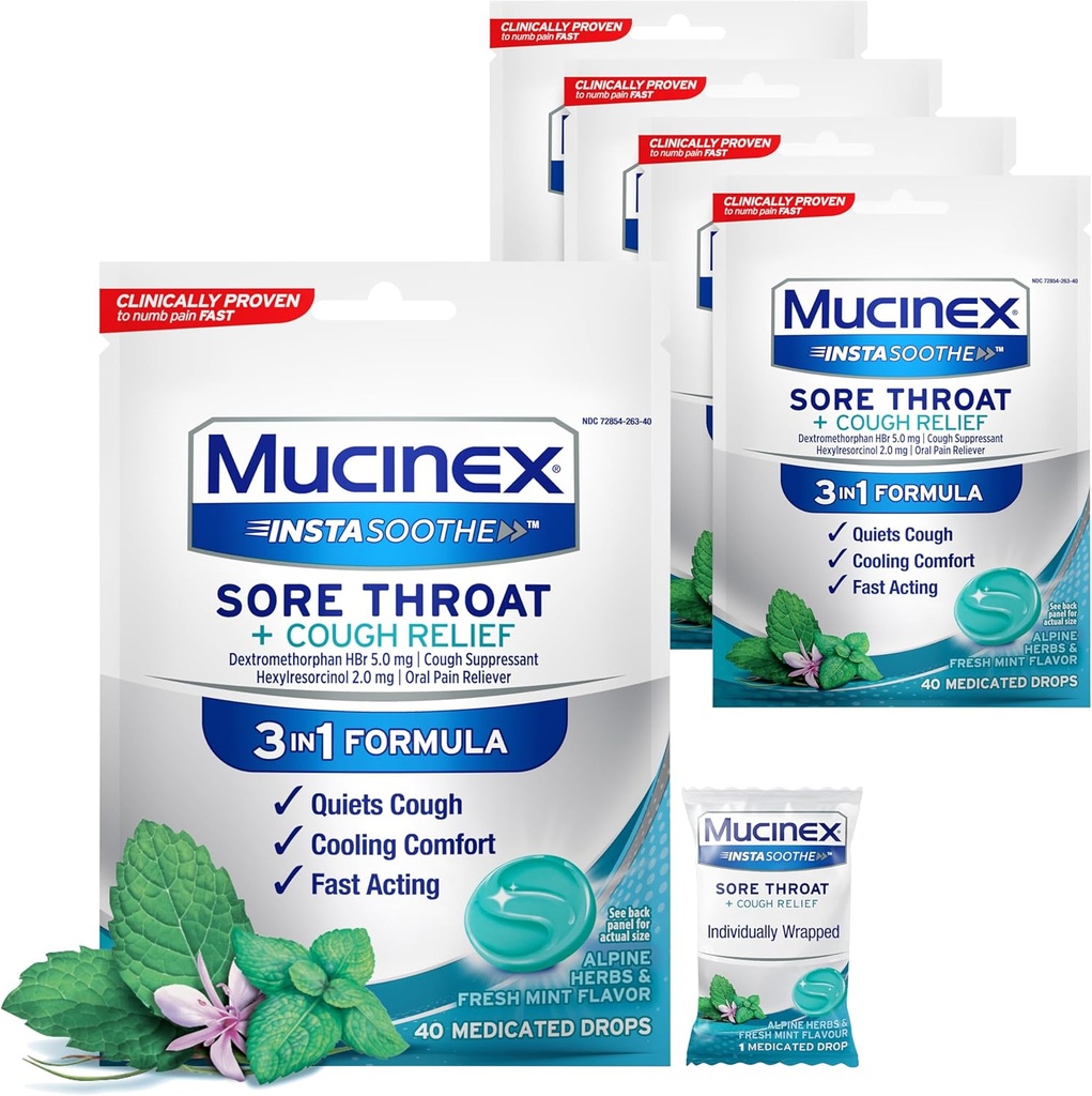 Mucinex InstaSoothe Sore Throat + Cough Relief Alpine Herbs & Mint Flavor, 快动作, 冷却舒适, 强力喉咙口腔疼痛救生器, 40 药剂滴滴(40 count (Pack of 5)).