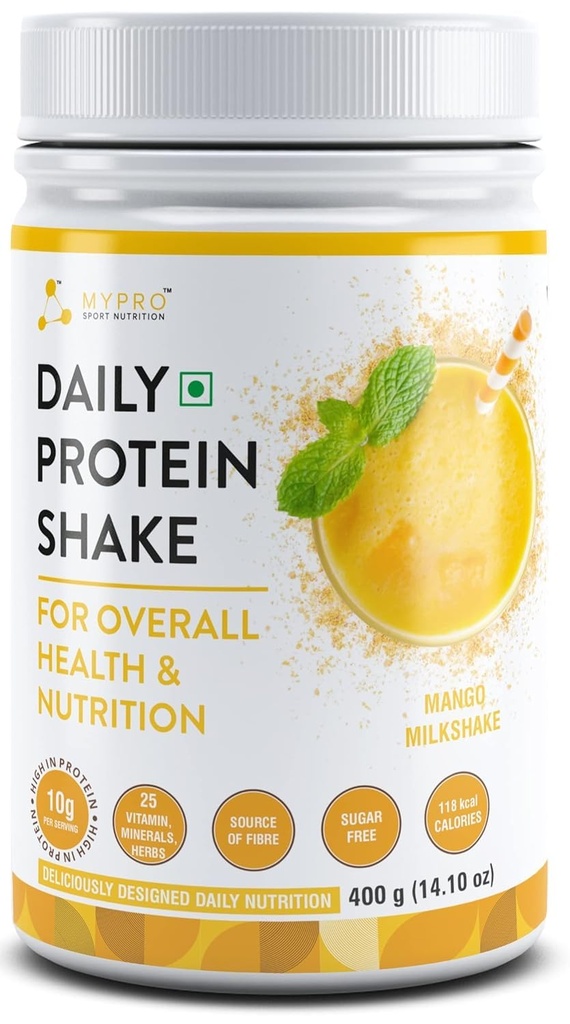 普通 QURA 每日蛋白质摇摆 118 kcal Calories, 25 维生素, 矿产品 和 7 草药, 提供能源, 支持豁免和骨质健康 - 男女芒果牛奶摇摆 - 400Gm-40 服务
