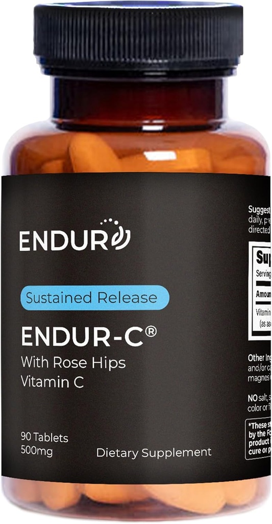 Endur ENDUR-C 配有玫瑰HIPS的维生素C,支持Collagen生产,抗氧化剂保护和Gentle文摘,Gluten Free,500mg(90片)