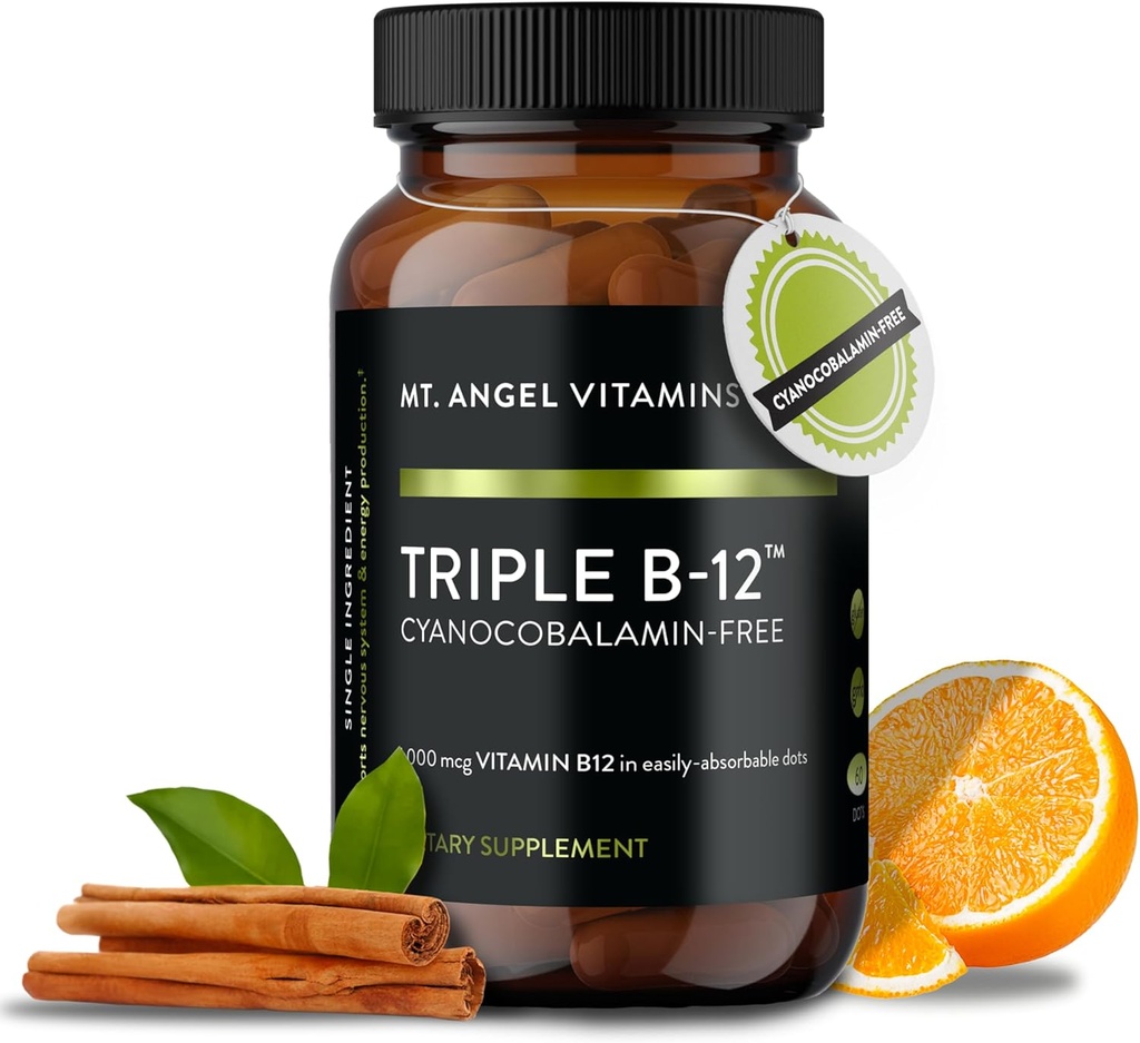 天使维生素(Mt. Angel Vitamins) - 三联B-12 Dots QQ 快溶点,甲基Cobalamin的混合物,Adenosylcobalamin & Hydroxocobalamin,支持能源和神经系统健康 – 60 Dots