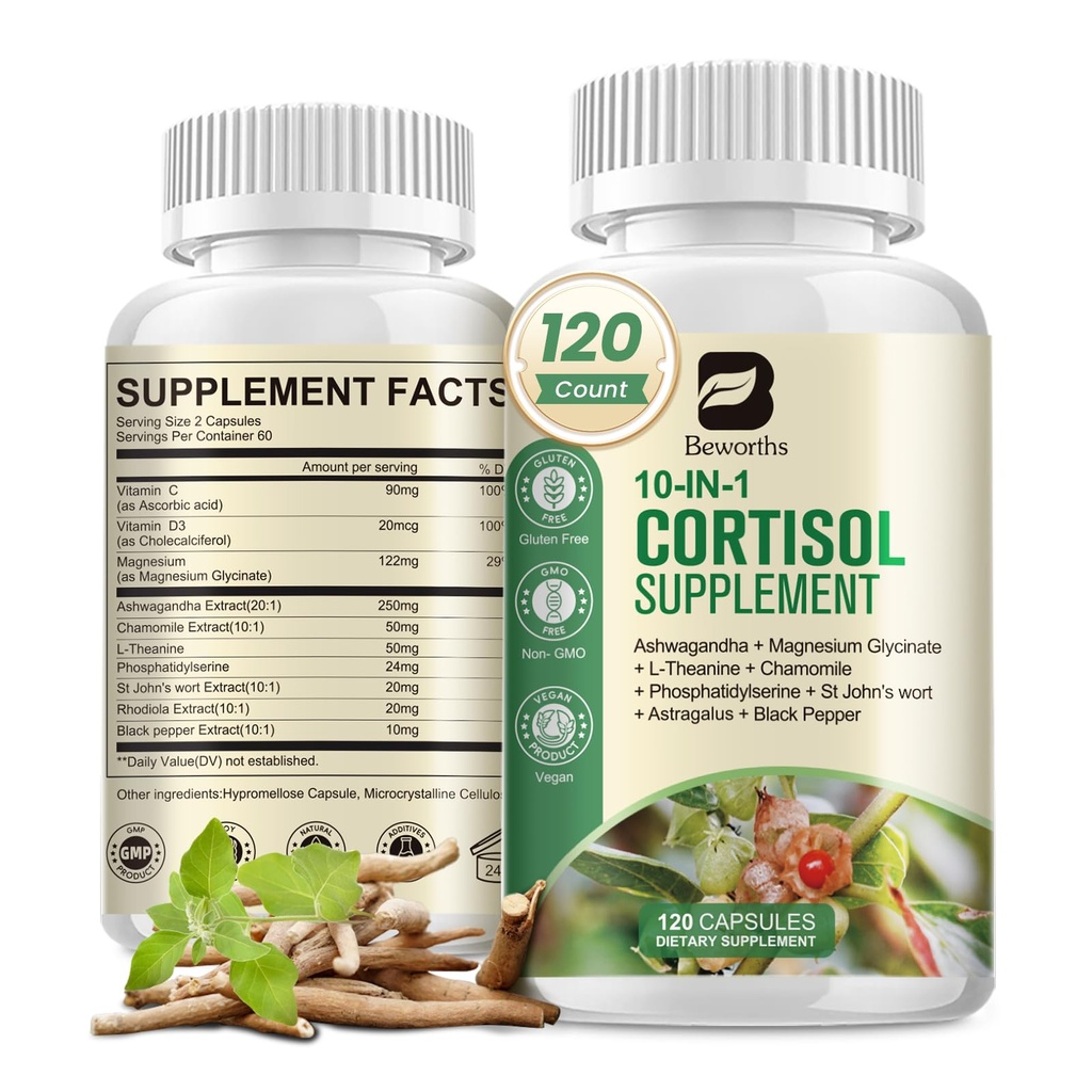 科尔蒂索尔女性补充剂,10in-1 Cortisol解毒剂,与Ashwagandha,镁,L-Theanine,平衡科尔蒂索尔级,夜与平静支持,120 Vegan Capsules