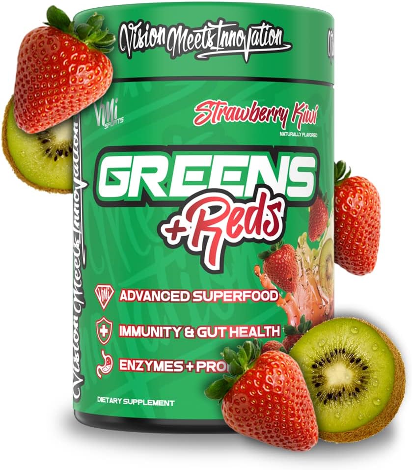 VMI 运动绿色+红衣高级超级食品豁免与Gut健康 + 酶与Probiotics + 30 services (Strawberry Kiwi).