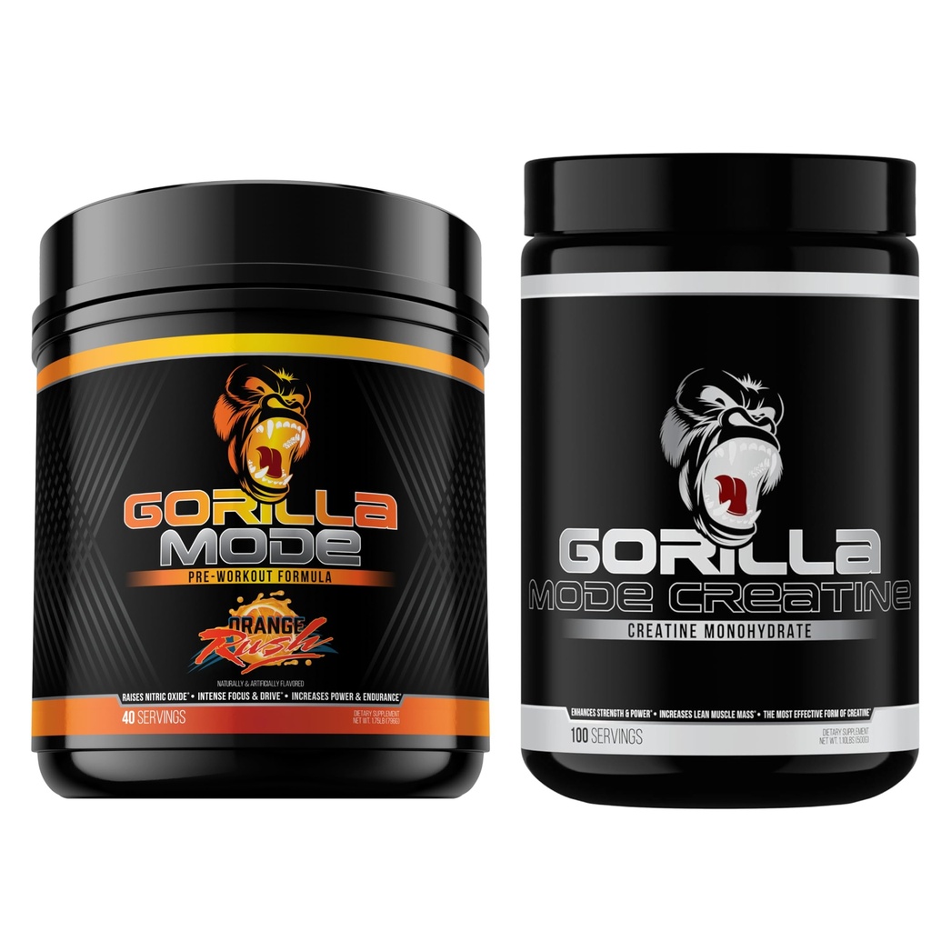 Gorilla Mind Pre Workout (Orange Rush) + Creatine (100 Serv.) - 综合堆积增强强度,动力输出和肌肉大小
