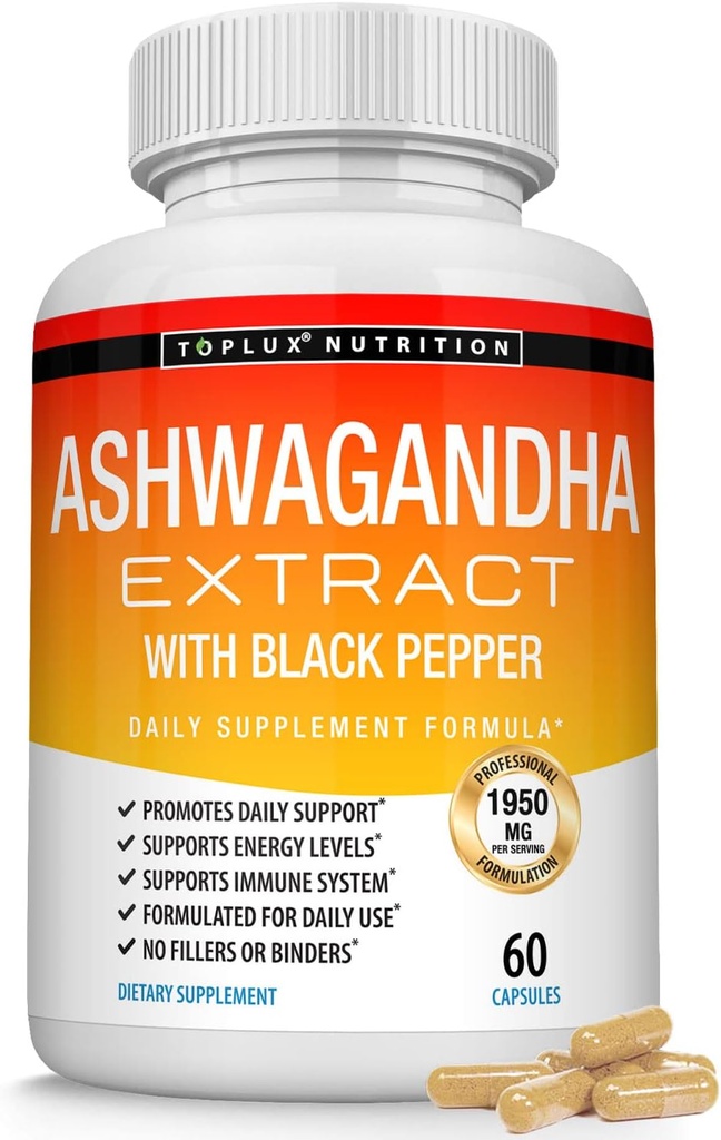 有机Ashwagandha 根粉丸 1950 Mg 与黑胡椒提取剂-纯天然Ashwagandha 补充剂,支持能源,男子,60卡普勒斯