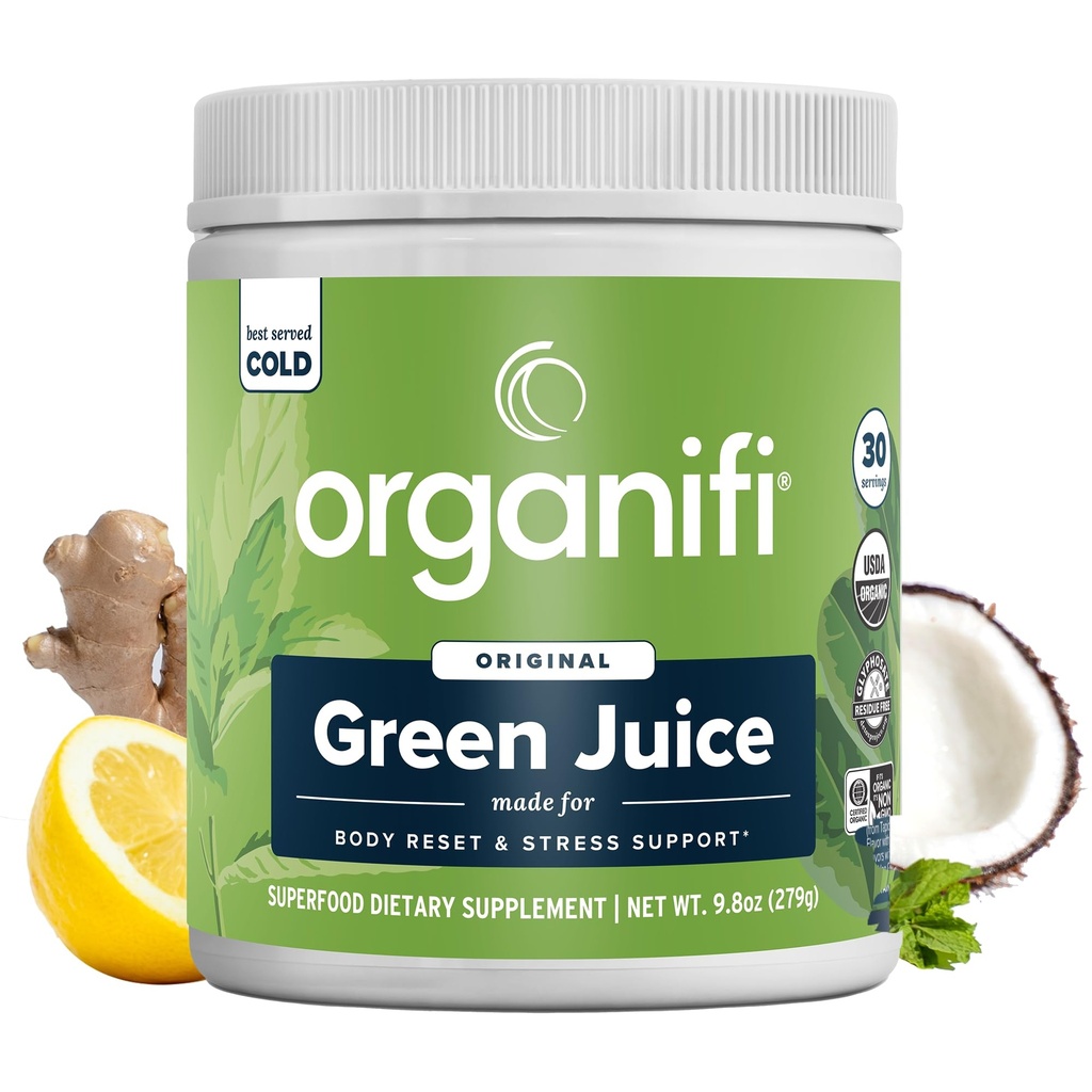 Organifi Green Juice - Powder Supplement with Organic Spirulina, Ashwagandha, and Chlorella - Helps Achieve Fitness Goals and Reduce Cortisol Levels, 30-Day Supply