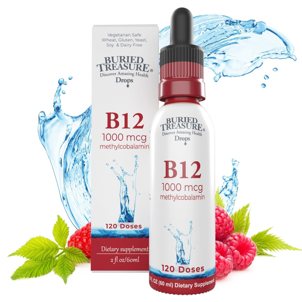 埋藏的宝藏 B12 滴水 - 1000mcg 维生素 B12 甲基Cobalamin 每服一次,120 种服务 - 亚语 B12, 无酒精, Vegan, Raspberry Flavor, 2 oz瓶, 毕业的滴水精准剂量