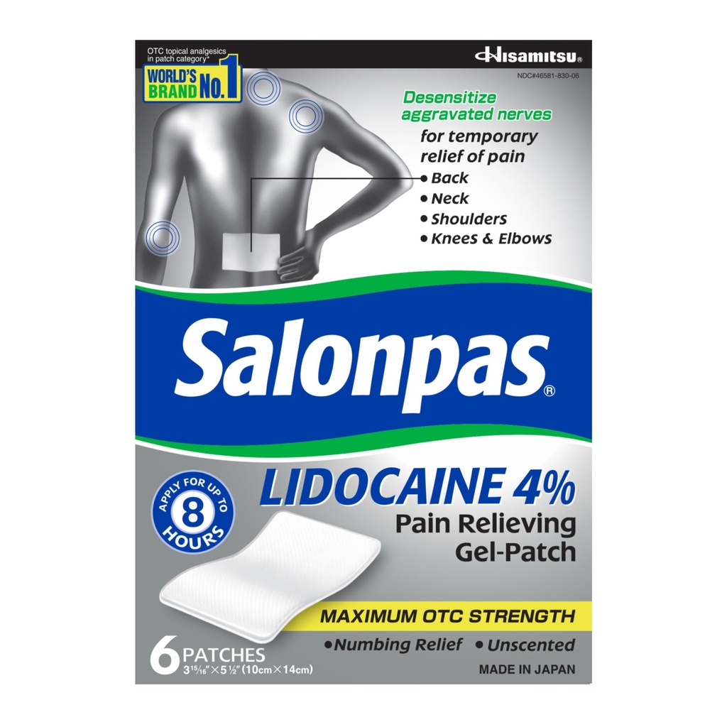 Saronpas Lidocaine 4% 痛苦 解放 Gel-Patch, 6 个伯爵, 代表 Back, Neck, Shoulder, Knee & Elbow 疼痛