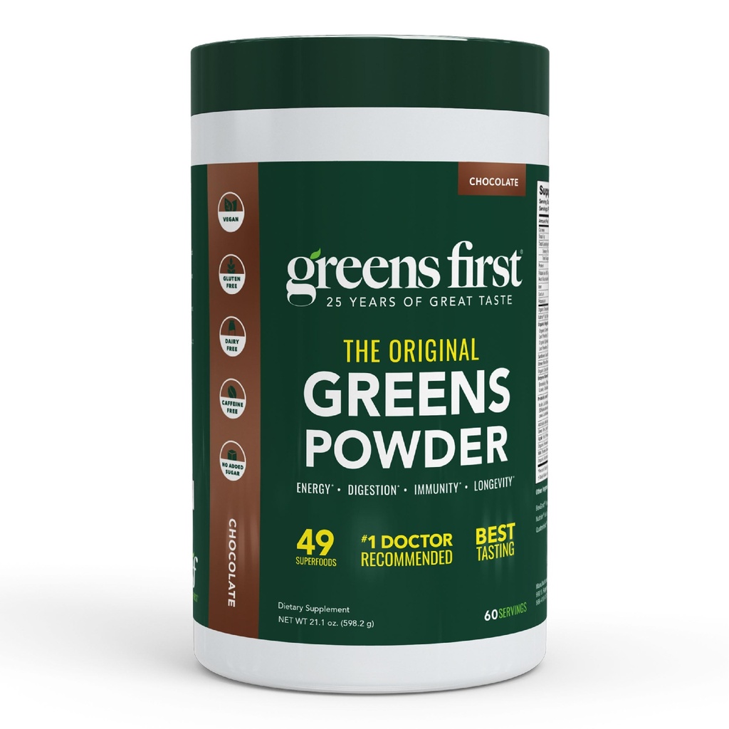 Greens First Original Greens Powder, Chocolate, 60 Servings | 49 Superfoods, Organic Fruits & Veggies, Prebiotics, Probiotics, Digestive Enzymes, Antioxidant Smoothie