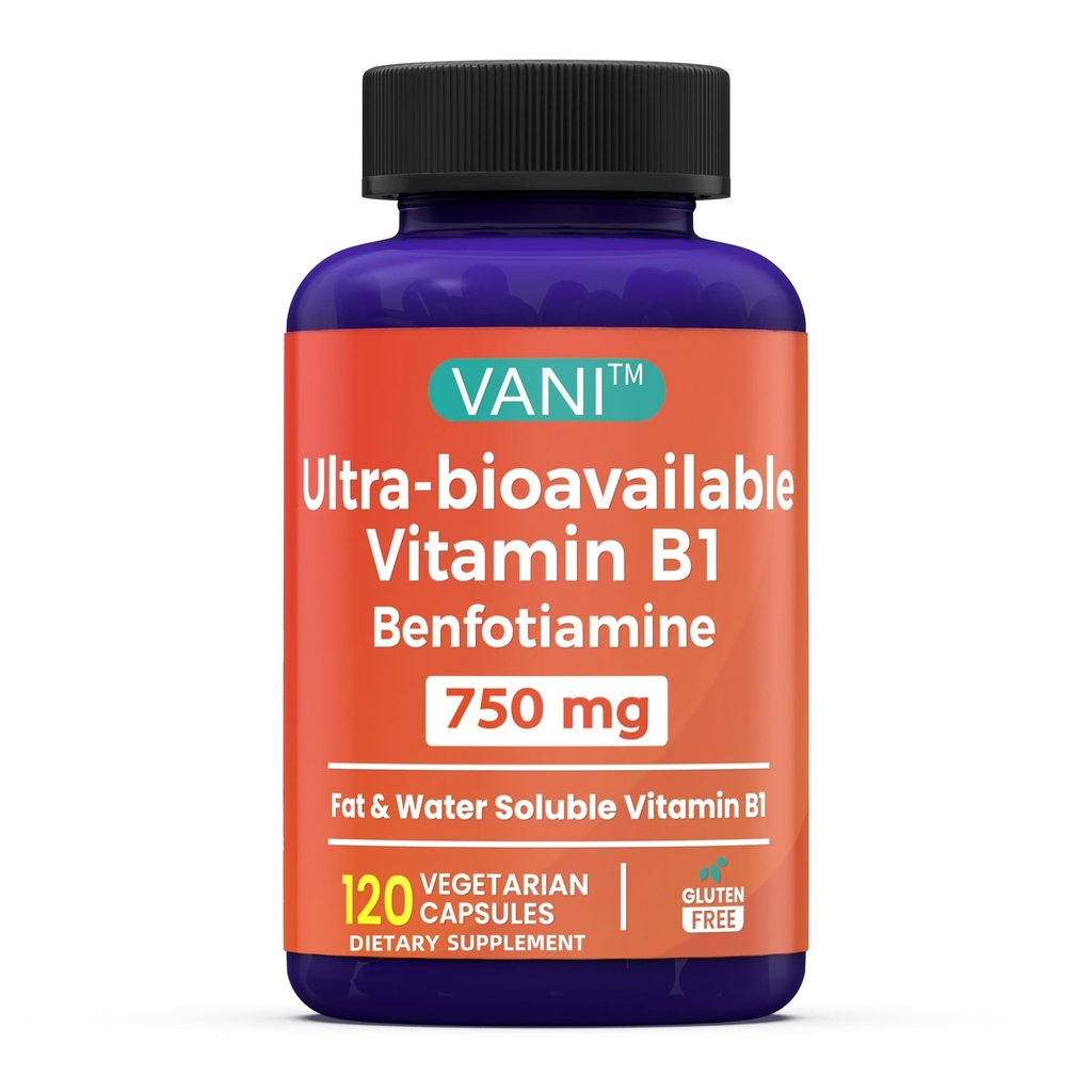 VANI维生素B1与750mg Benfotiamine, 2 in 1 增强公式 - Fat & Water Soluble Thiamine B1 补充 | 120 Capsules | Gluten Free