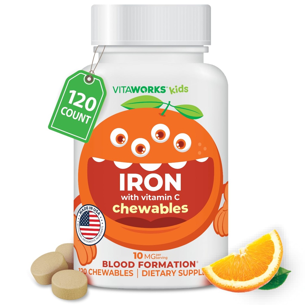 配有维生素C50mg Chewable Tables - Tasty Natural Flavored - Vegan, Vegetarian, GMO- Free, Nut Free - 饮食铁补充 - 儿童血液形成 - 120 配有
