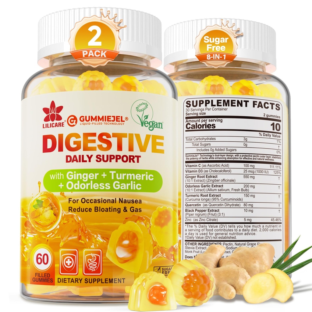 Ginger Chews Gummys for Nausea & Digestive Support, 胃部救济, 无糖带涡轮, 无色蒜, Quercetin, Vitamin D3, 偶发性Bloating & Gas, 2Pack