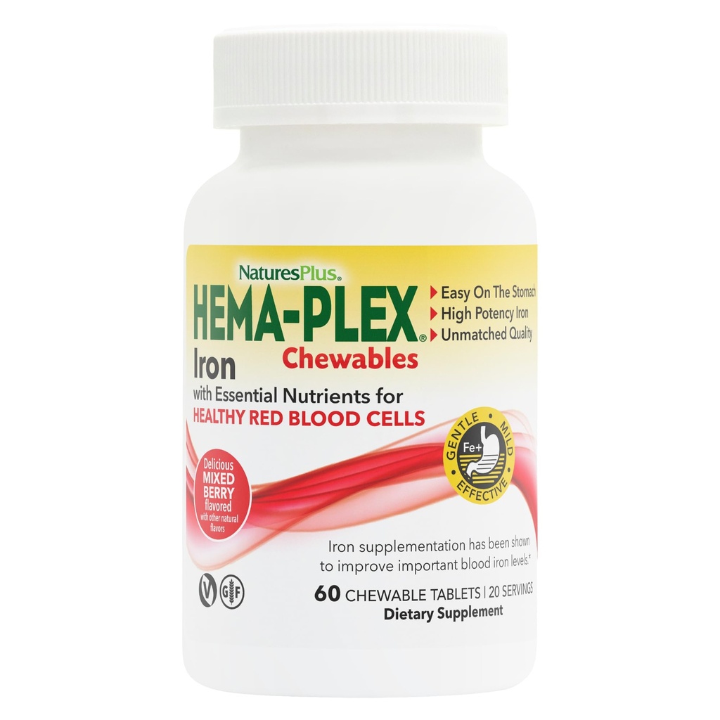 Natures Plus Hema-Plex Iron - 60 Mixed Berry Chewables - 85 mg 元素铁 - 总血液健康 - 维生素C & Bioflavoids - Vegan, Gluten Free - 20 services