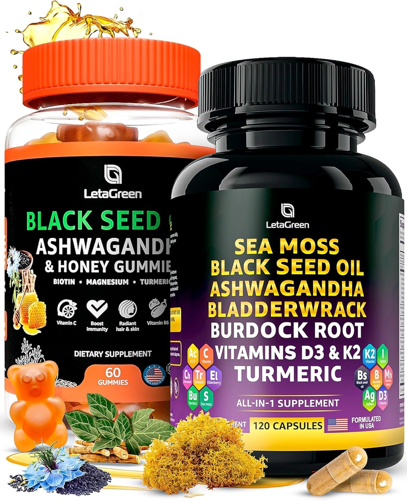 Sea Moss Capsules + 黑种子油胶袋,60 黑种子胶袋 + 120 海莫斯药丸,用维生素和多矿物补充油胶袋支持自然防御