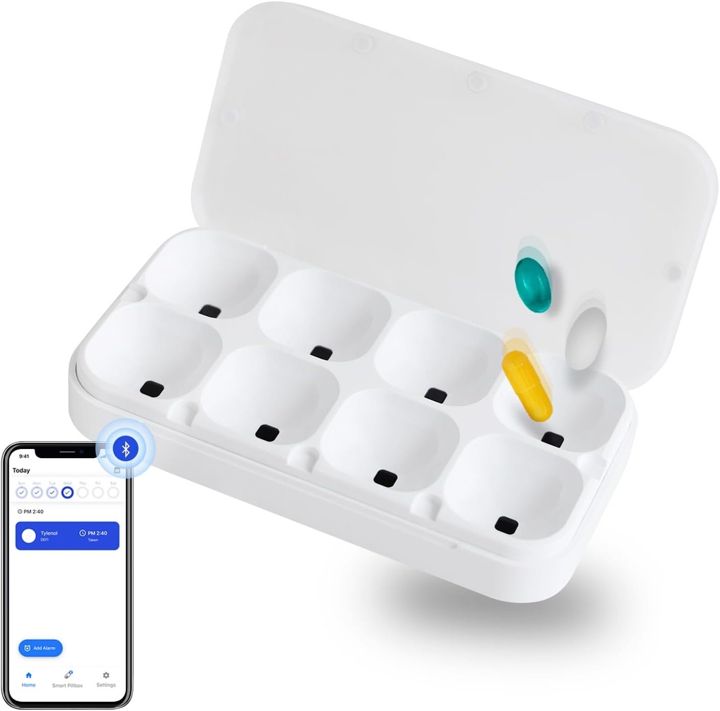 DEFI Smart Pillbox,大型,8 Slots, Pill Organizationer, Portable, Bluetooth, 方便使用, 自我护理, 配有警示, 声音和光, Daily, Contract Medicine Holder for Vitamins, Supps, Free Reminder app.