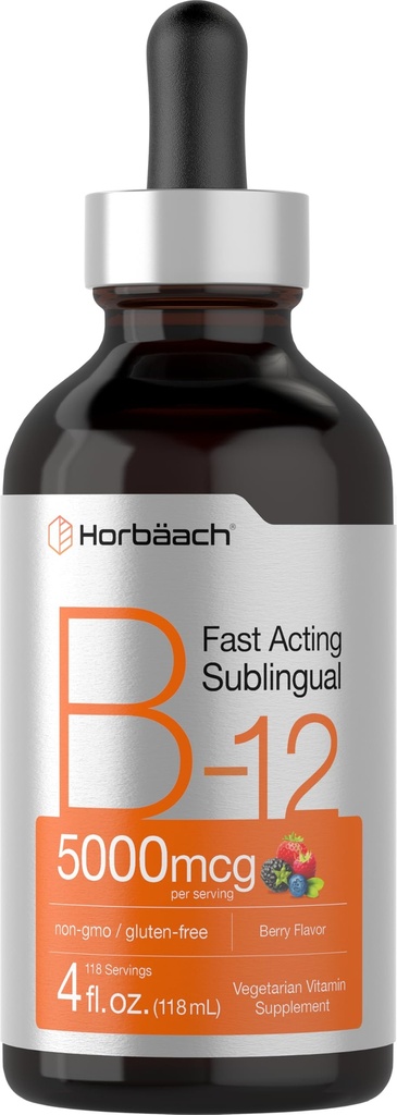 Horbaach B12 维生素 5000 mcg 亚语 | 4 Fl Oz | |  as 作为 Methicobalamin 和 Cyanocobalamin | 液体蔬菜 | Berry Flavor | Non-GMO & Gluten 免费补充