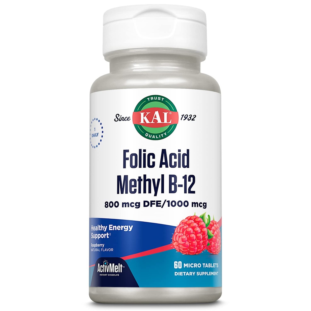 Kal 800 Mcg Folic Acid 甲基 B-12 药片,Raspberry, 60 计数