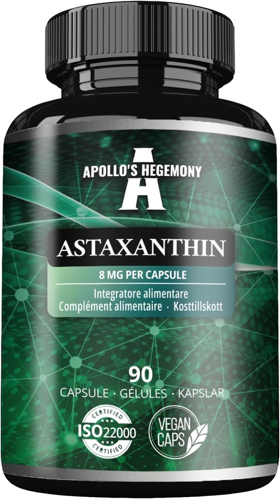 APOLLO的HEGEMONY ASTATANTHIN 8毫克来自微藻海马托科氏菌(Haematococcus pluvialis) - 90 Vegan Capsules - 3个月供应 - 强抗氧化剂 - 饮食补充剂