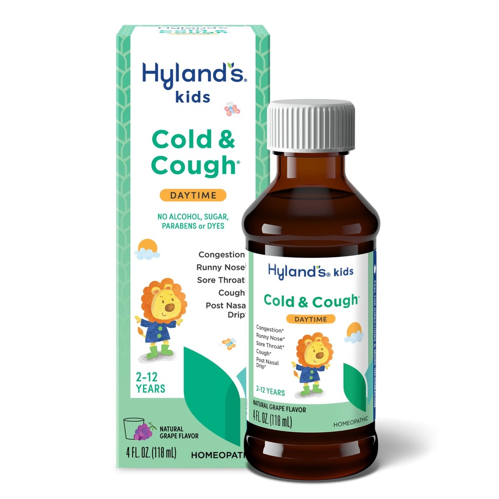 Hyland's Kids Cold and Cough, Daytime Grape Flavor Cough Syrup Medical for Kids Agents 2 and up, Decongestant, Sore Throat Relief, 常见冷症状的自然治疗, 4 Fl Oz