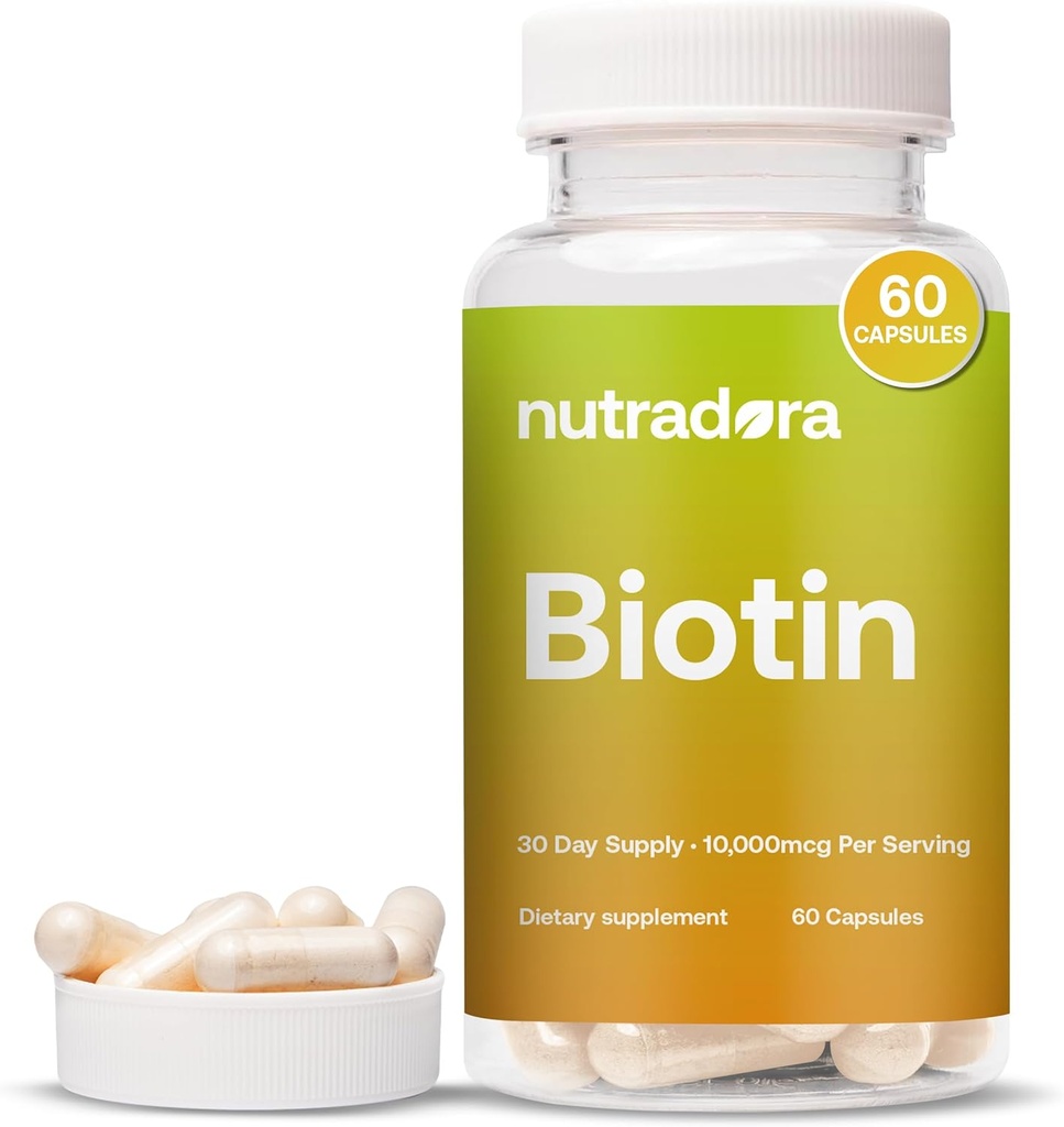 Biotin 10000mcg Capsules 含钙的毛皮和钉子 - 天然生产的生物素 补充毛发生长和毛细 10,000mcg Vegan Capsules - 在美国制定 60 Counter