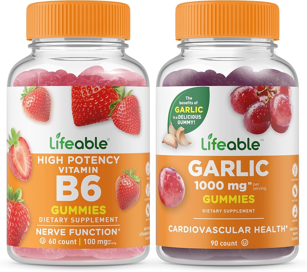 活生生的维生素B6 + 大蒜1000mg, Gummys Bundle - 大品尝,维生素补充,Gluten Free, GMO Free, Chewable (英语).