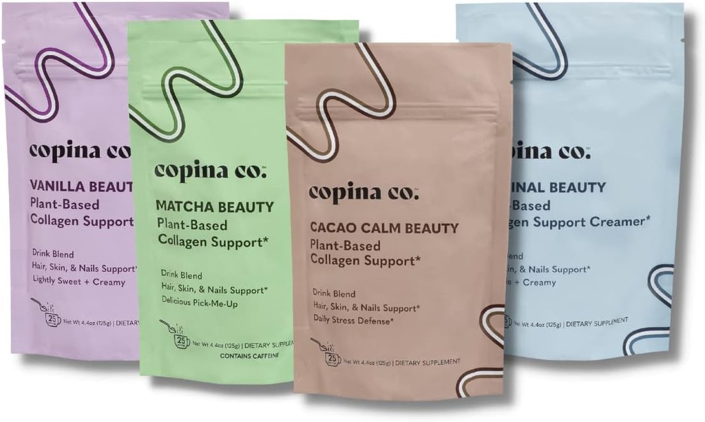 Copina Co. Vegan Collagen 助推器混合:植物基Collagen 支持平滑 饮用 Vegan Blend Variety Pack QQ 4 Flavors Matcha, Vanilla,原型和 Cacao Calm QQ 25 服每 4.4oz 袋.
