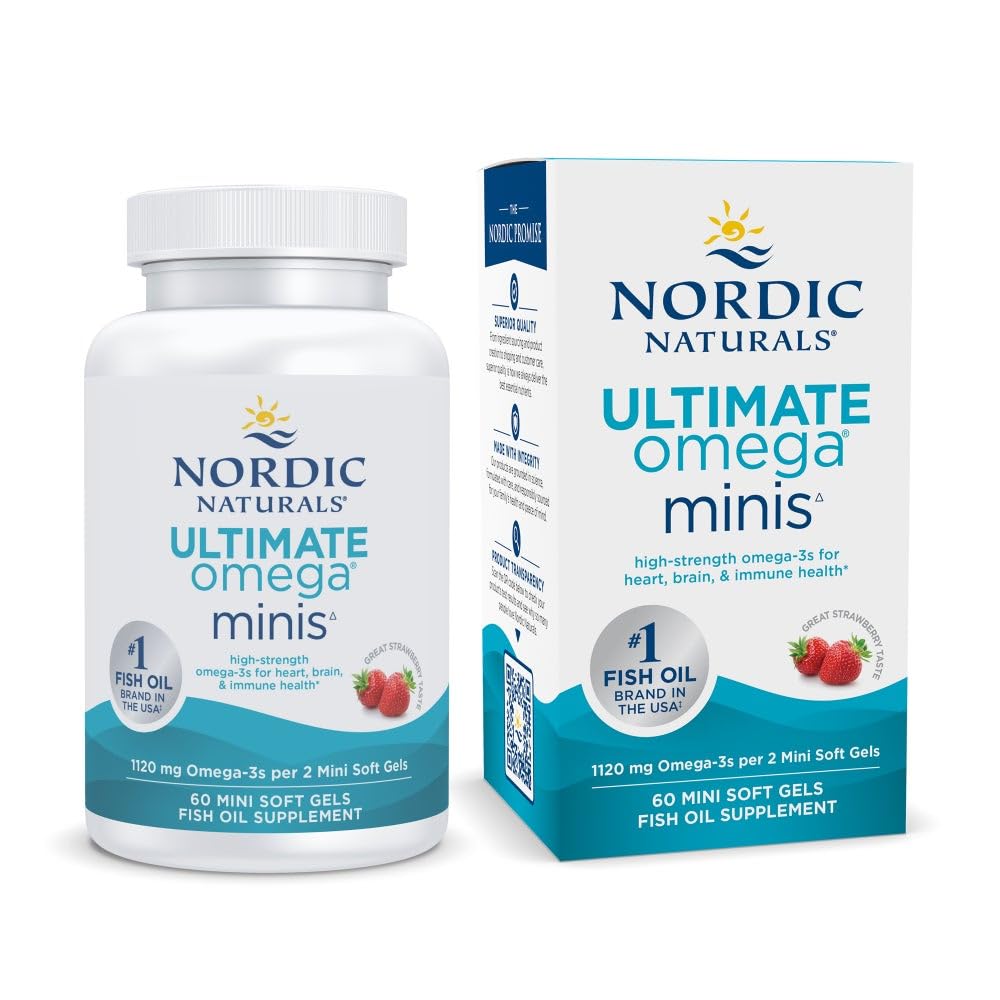 北欧自然公司 Ultimate Omega Minis,草莓Flavor - 60 Minis Soft Gels - 1120 mg Omega-3 - 高剂量鱼油补充 - EPA & DHA - 促进脑和心脏健康 - 30 服务