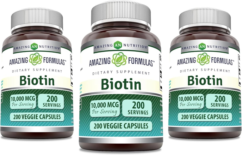 美国制造的Biotin 10000 mcg Veggie Capsules 维生素B7 补充 | Non-GMO | Gluten Free|(200 Counter | 3 Pack)