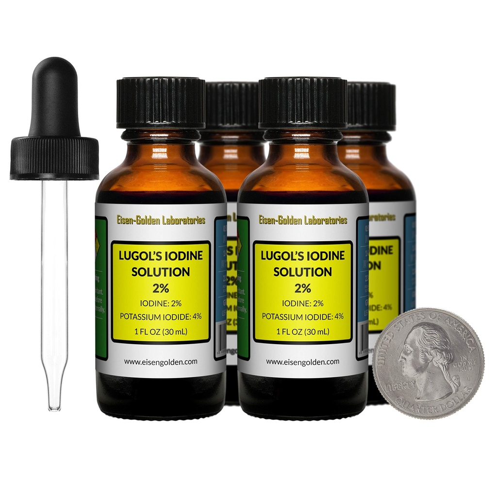 Lugol的碘/ 2% 溶液/ 4 Oz in Four Amber Glass Bottles/ Free Droppers/美国