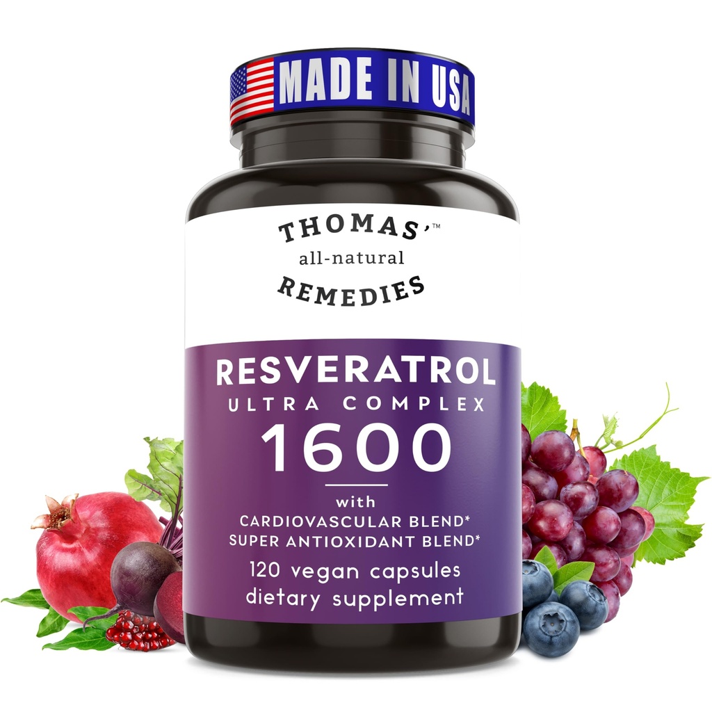 托马斯的全自然补救措施 Resveratrol 1600mg 有机跨生殖杆菌抗氧化剂补充剂 有机葡萄籽提取剂和奎西丁抗衰老和心血管支持 120 Capsules