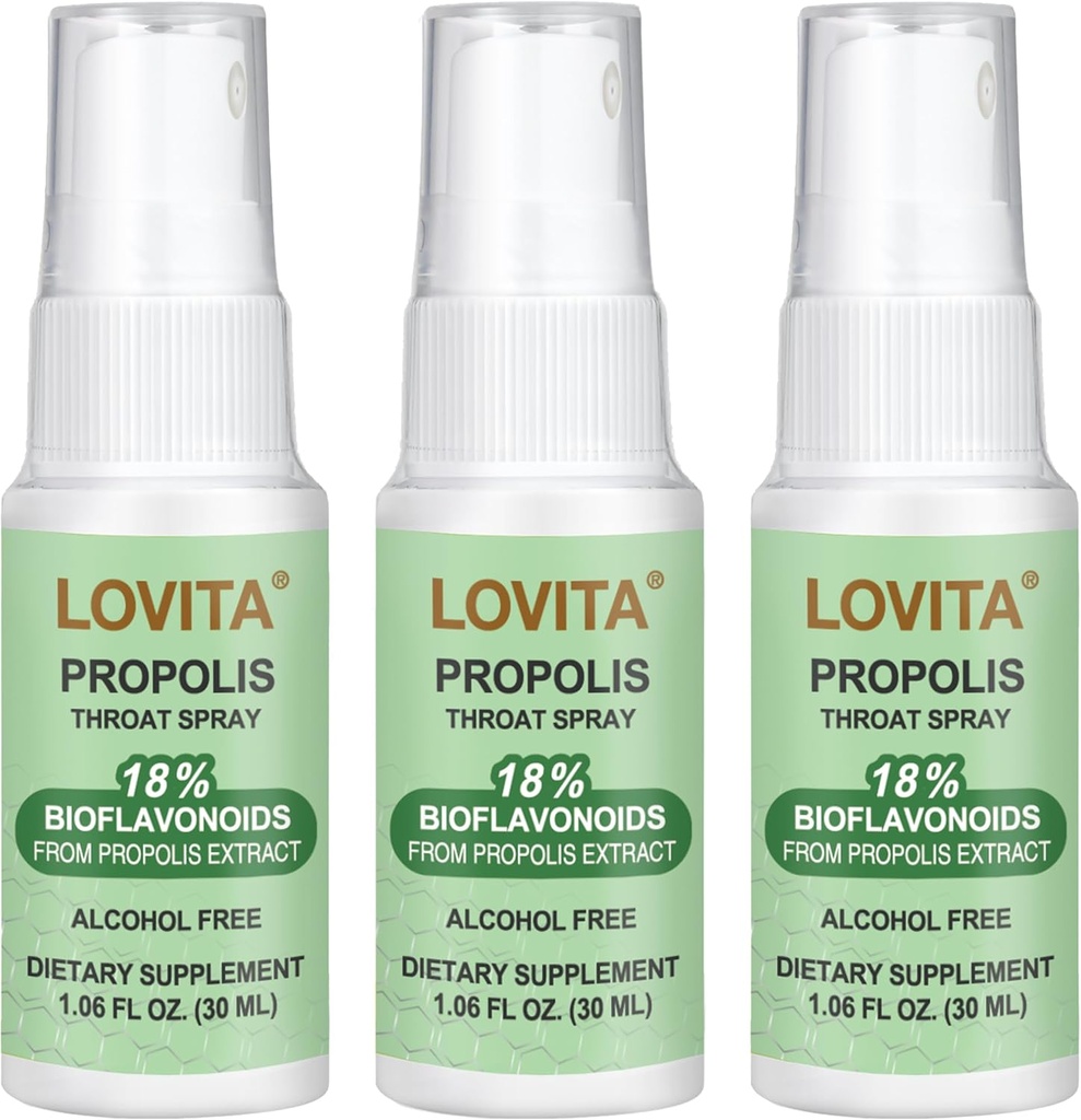 Lovita Propolis喉咙喷雾,加拿大Propolis喷雾,每毫升500毫克高压喷雾,有9:1高集中度,天然喉咙喷雾支持,无酒精,1Fl Oz(3包)
